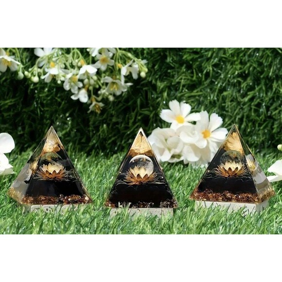 Orgone Pyramid, Healing Obsidian With Crystal Ball Pyramid Lotus Handcrafted - Picture 4 of 13